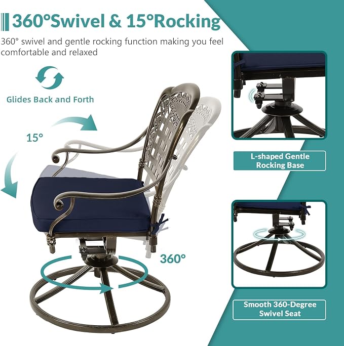 MEETWARM 9-Piece Outdoor Patio Dining Set for 8, All Weather Cast Aluminum Patio Funiture Table and Chairs Set- 94.5” Rectangle Table and 2 Swivel Rocker Chairs, 6 Stationary for Garden, Navy Blue