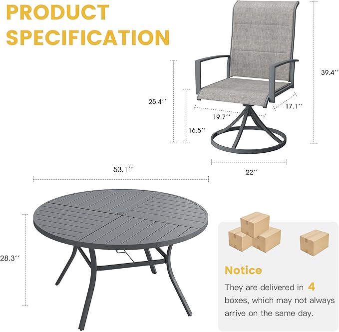VICLLAX Patio Dining Set for 6, 6 Seats Outdoor Furniture Includes 53.1" Round Patio Table and Swivel Padded Chairs, Grey Tabletop and Grey Fabric