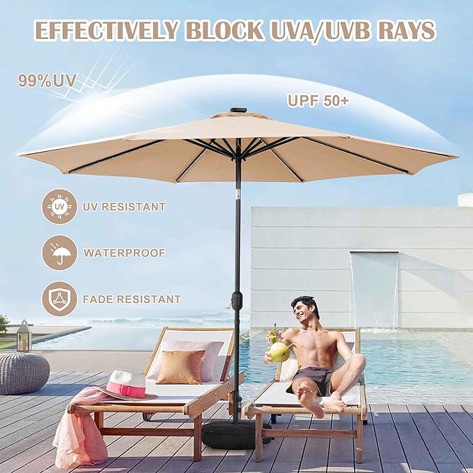 Sundale Outdoor Solar 104 LED 11 ft Patio Umbrella with Sand Bag Umbrella Base, Outdoor Umbrella with Tilt and Crank, Tan