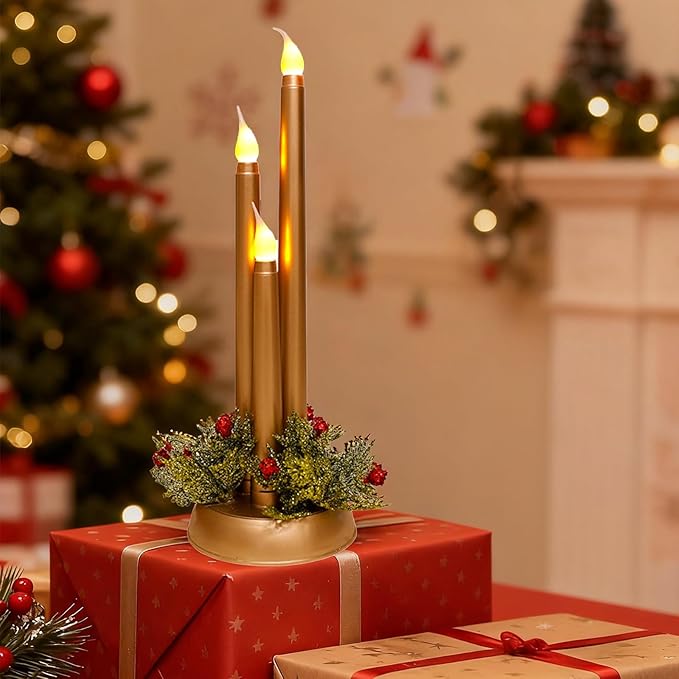 Flameless Taper Candles LED Candlesticks Battery Operated 3D Flicker Fake Candle for Xmas Wedding Fireplace Holiday Party Decor(Gold)