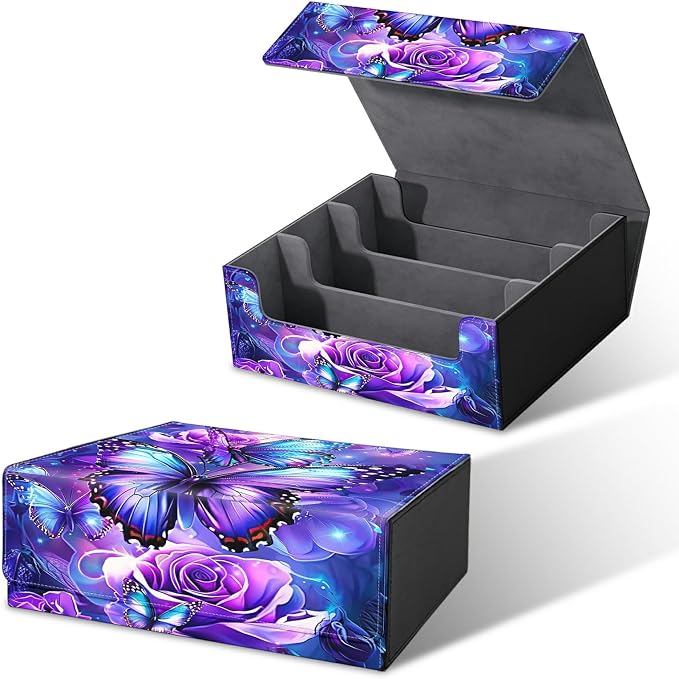 Card Deck Box for MTG, Cards Storage Box Fits 120+ Sleeved, Leather Big Size Strong Magnetic Closing Case for Board Games Magic TCG CCG Baseball Collection Women, Purple Butterfly Flower