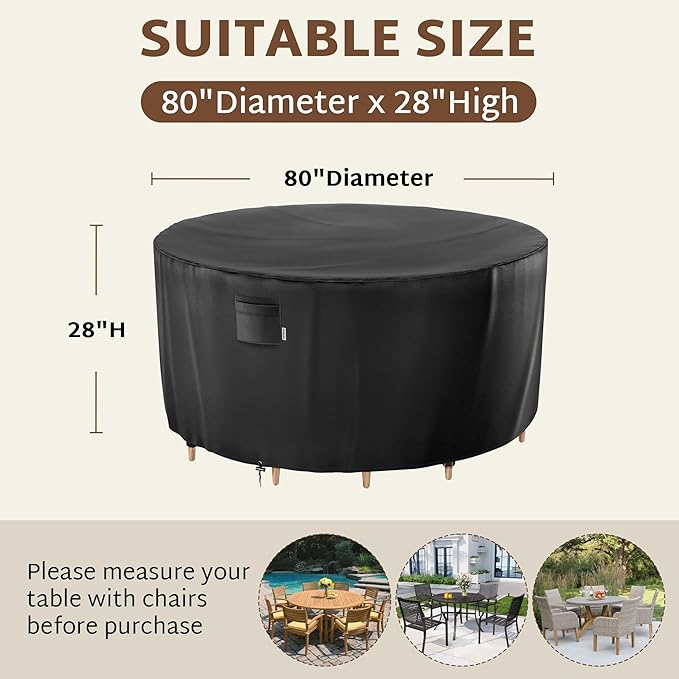 iBirdie Round Patio Furniture Cover 80 x 28 inch, Outdoor Waterproof and Weatherproof for Garden Table and Chairs, Heavy Duty 600D, fit 80, 79, 78 Diameter