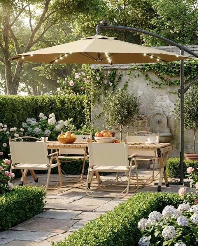 10FT Cantilever Patio Umbrella with Solar LED Lights - Heavy Duty 2-Tier Square Aluminum Offset Outdoor Umbrella, 360° Rotation for Poolside, Backyard, Deck Outdoor Use, Tan