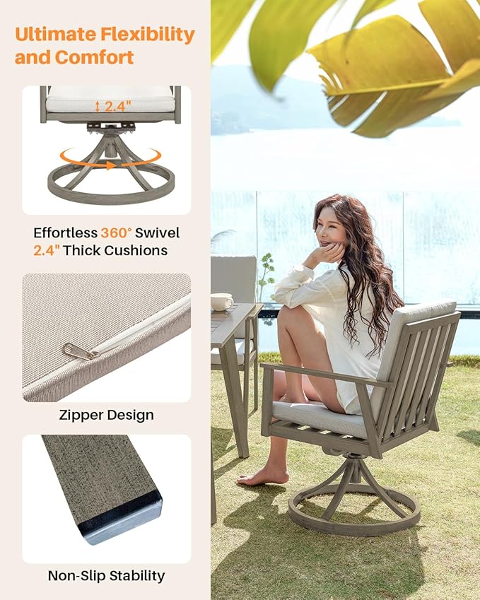 7 Pieces Outdoor Dining Set for 6, Never-Rust Aluminum Patio Swivel Dining Set with 2.2" Umbrella Hole, Outdoor Patio Furniture Set with 2 Swivel Chairs for Decks, Garden, Pool, Limed Oak