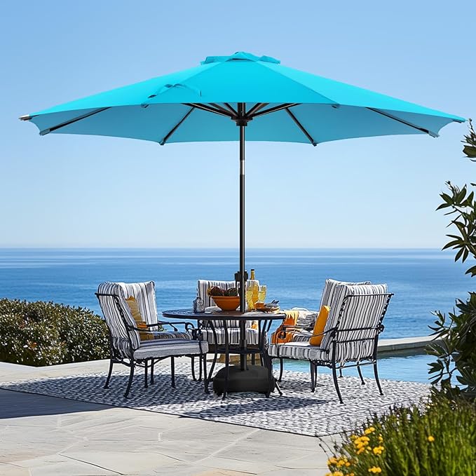 wikiwiki 10FT Patio Umbrella with Base, Outdoor Umbrellas with Base Included, 8 Sturdy Ribs, Waterproof Fade Resistant POLYESTER DTY Canopy for Deck, Lawn, Garden, Backyard & Pool, Sky Blue