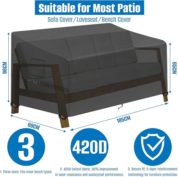 SIRUITON 4-Seat 73" W x 27" D x 35" H Garden Patio Sofa/Loveseat/Bench Cover,Heavy Duty 420D Oxford Waterproof Outdoor Sofa Cover, Lawn Patio Furniture Covers
