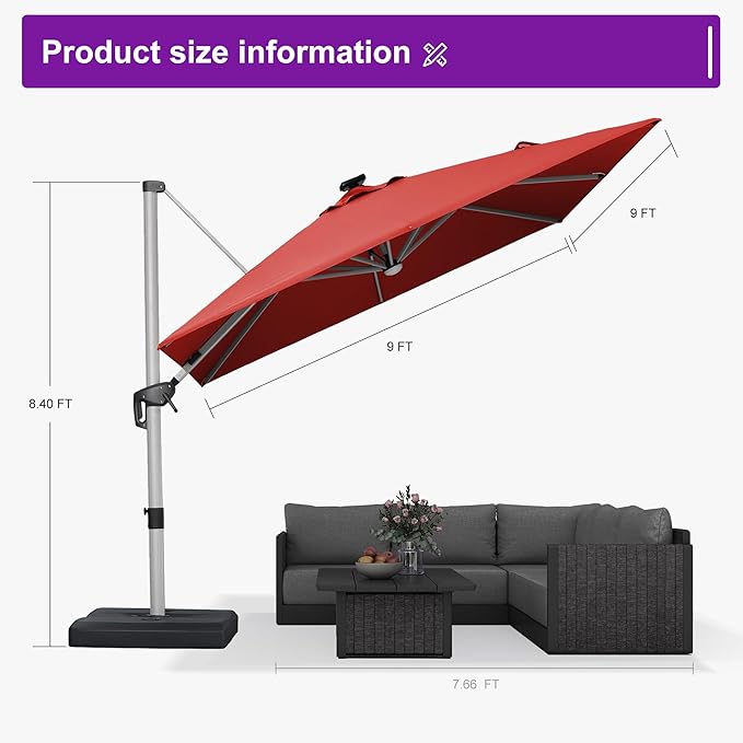 PURPLE LEAF Patio Umbrella with Base 9' X 12' Outdoor Rectangle Cantilever Umbrella Solar Powered LED with 360-degree Rotation for Garden Deck Pool Patio, Terra