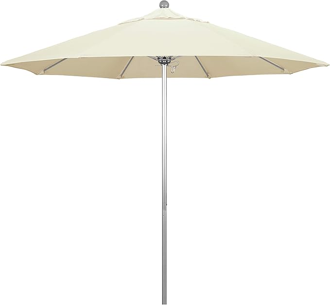 California Umbrella 9' Round Aluminum/Fiberglass Umbrella, Push Open, Silver Pole, Sunbrella Canvas Fabric