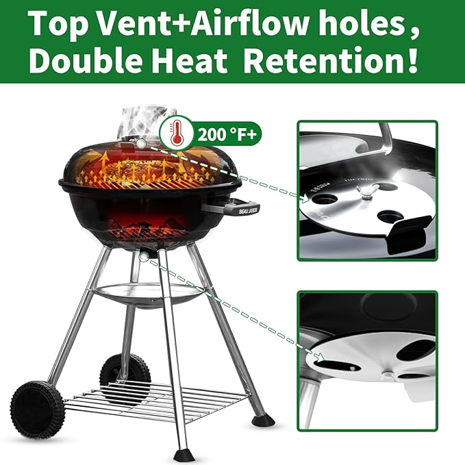 BEAU JARDIN 18 Inch BBQ Charcoal Grill for Outdoor Cooking Portable Smoker Camping Barbecue Coal Kettle Heat Preservation Dual Venting System Heavy Duty with Thickened Wheels for Small Patio Backyard