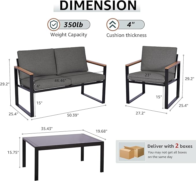 NATURAL EXPRESSIONS 4 Pieces Patio Furniture Sets,Metal Outdoor Patio Furniture Sets,Outdoor Sectional Patio Conversation Set,Wooden Anti-Scald Armrest,Sling Mesh,4" Olefin Cushions Dark Grey