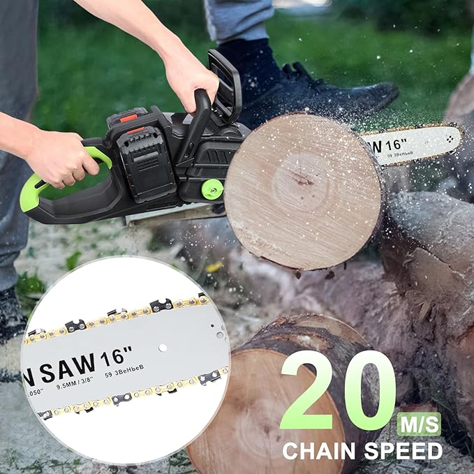 16 Inch Cordless Chainsaw - Brushless Electric Chainsaw Kit with 2 Battery & Charger, Hand Held Battery Powered Chain Saw for Wood Cutting, Logging, Tree Trimming, Green & Black, CB9E4550513