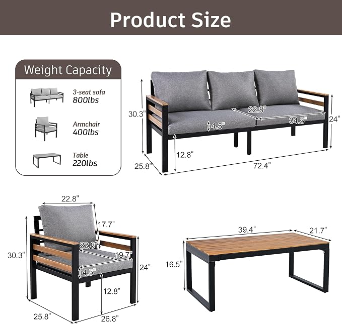 4 Piece Outdoor Furniture Sofa Set for 5 People, Garden Sofa Set with Acacia Wood Armrests and Tabletop, Patio Conversation Set with Removable Cushion and Coffee Table, Grey