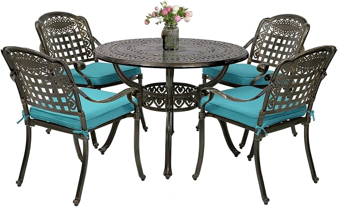 5-Piece Outdoor Patio Dining Set, All-Weather Cast Aluminum Furniture Conversation Set, Include 4 Cushioned Chairs and a 38.5” Round Table with Umbrella Hole for Balcony, Lawn, Ocean Blue