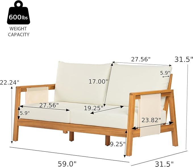 Christopher Knight Home Crew Acacia Wood Outdoor Loveseat and Coffee Table Set, 2 Piece Patio Furniture Set with Removable Cushion, Solid Wood Outdoor Conversation Set, Teak+Beige