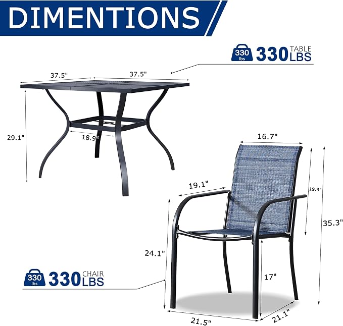 5 Piece Outdoor Dining Set, Patio Table and Chairs Set of 4, 37.5" Black Square Patio Table with 4 Blue Stackable Patio Chairs for Lawn, Garden, Porch