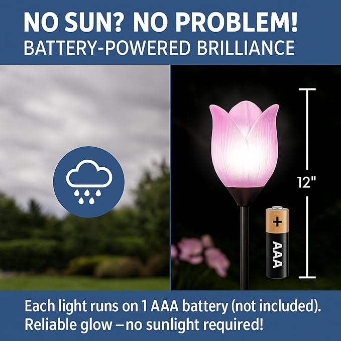 SkyMall Decorative Tulip Stake Lights – Set of 8 Battery-Powered Yard Lights – Garden Pathway LED Flowers in Pink, Purple, Yellow & Green – Outdoor Accent Lighting, 12” Tall, AAA Batteries Required