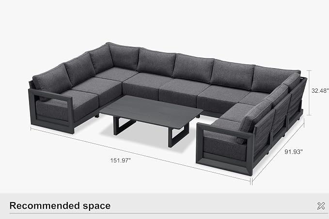 PURPLE LEAF Patio Furniture Set U-Shaped Outdoor Couch with 9.6" Thick Cushion and Soft Pillows 10 Piece Outdoor Sectional Sofas with Table Modern Outdoor Conversation Sets for Yard Porch Deck, Grey