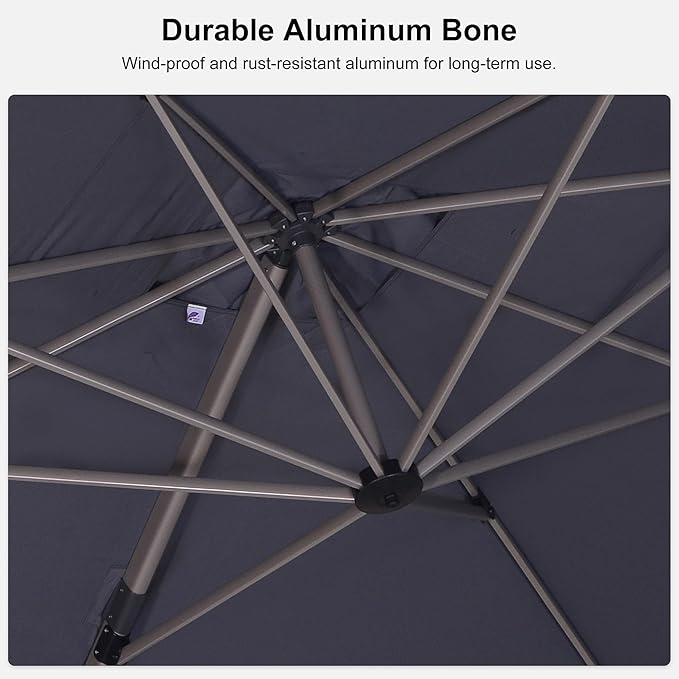 PURPLE LEAF Patio Umbrella with Base Included, 8ft Outdoor Aluminum Cantilever Umbrella with 360° Rotation, Champagne Offset Umbrella for Outdoor Garden Pool, Light Grey