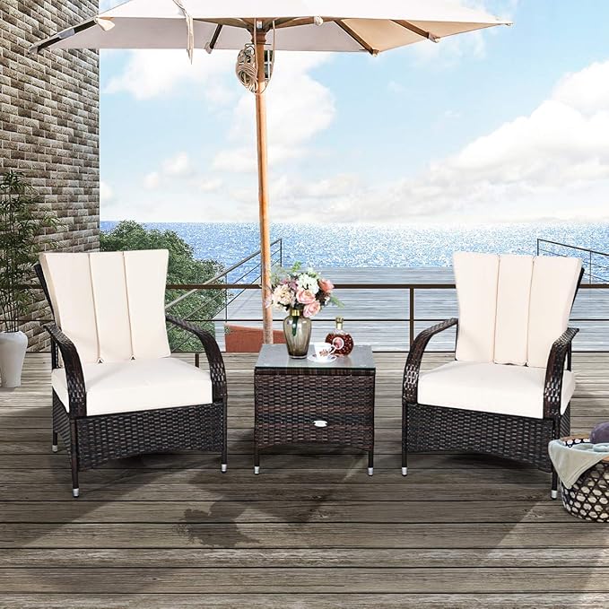 Tangkula 3-Piece Patio Conversation Set, Ourdoor Wicker Furniture Set, Rattan Coffee Table & Chairs Set with Cushions, Outdoor Conversation Set for Garden Balcony Backyard (Cream)