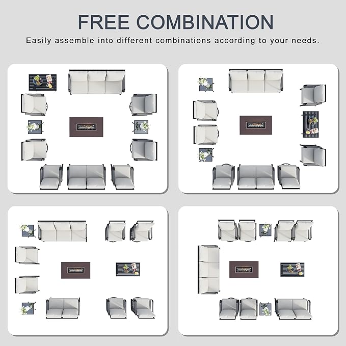 12 Pieces Patio Furniture Set, Metal Outdoor Conversation Sets with Fire Pit Table and Swivel Chairs for Backyard Garden Deck Porch Poolside (Thick Beige Cushions)