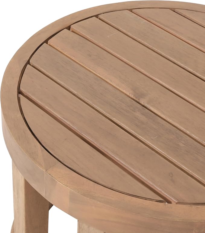 Round Acacia Wood Outdoor Side Table, Small Patio Accent End Table Circular Slat Top Support Frame Side Table for Backyard Garden Pool Balcony Porch Deck Natural Wooden Outdoor Coffee Table