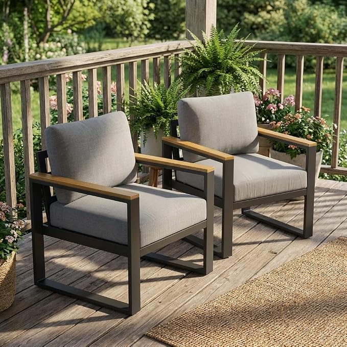 Aluminum Patio Furniture Armchair Set of 2, Metal Outdoor Chairs with Upgraded Cushions, All-Weather Outdoor Single Sofa for Balcony, Garden, Deck, Backyard,Gray