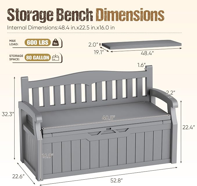 80-Gallon Outdoor Storage Bench with Cushion, Lockable Waterproof Deck Box with Armrests for Patio, Garden, Pool, Gray