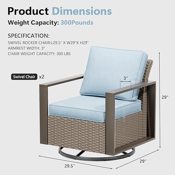 Patio Chairs Set of 2, Outdoor Swivel Rocker Patio Chairs, Metal Patio Furniture with Deep Seating, Thicken Cushions for Deck, Porch, Yard Use (Azure, 2 PCS/Swivel)