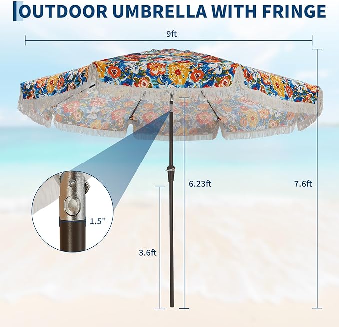 PeakPursuit 9 ft Patio Umbrella with Fringe, Tassel Outdoor Beach Umbrella for Sand with Push Button Tilt, 8 Fiberglass Ribs, UV 50+ Sun Protection for Garden, Pool, Backyard, Deck