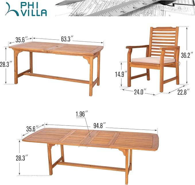 PHI VILLA 9 Pieces Acacia Wood Patio Dining Set for 8, Expandable Teak Dining Table & Wooden Chairs with Cushions, Farmhouse Dining Furniture Set for Outdoor Deck, Yard, Porch