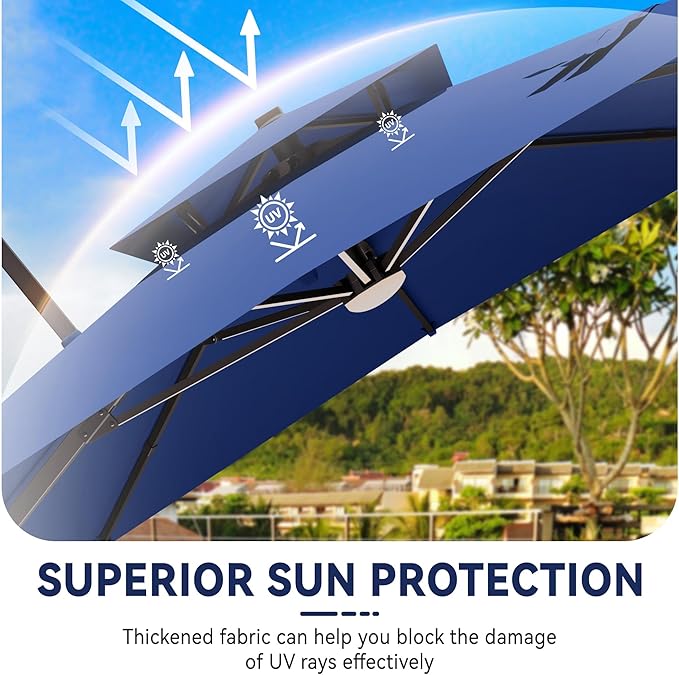 10x13 FT Cantilever Patio Umbrella with Base and Led Lights Double Top Outdoor Rectangular Large Heavy Duty Aluminum Offset Umbrellas with 7 Level Tilt 360-degree Rotation for Pool Garden Deck, Navy
