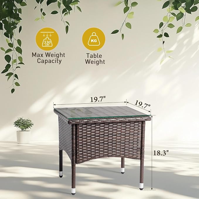 HOMSUPPLIE'S Outdoor Side Table, Patio Wicker End Table with Tempered Glass Top, Rattan Coffee Table for Balcony, Porch, Deck & Poolside, All-Weather(Brown,Tempered Glass sty.1)