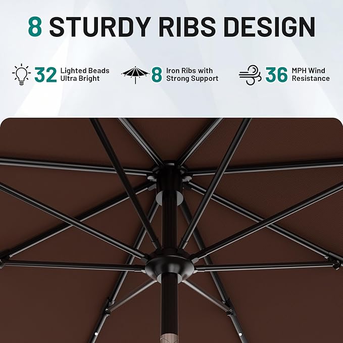 AreShark 9FT Patio Umbrella with Solar Lights, 32 Lighted Pool Umbrella w/Tilt and Crank, Outdoor Table Solar Umbrellas for Garden, Deck, Backyard, Pool and Beach, Light Brown