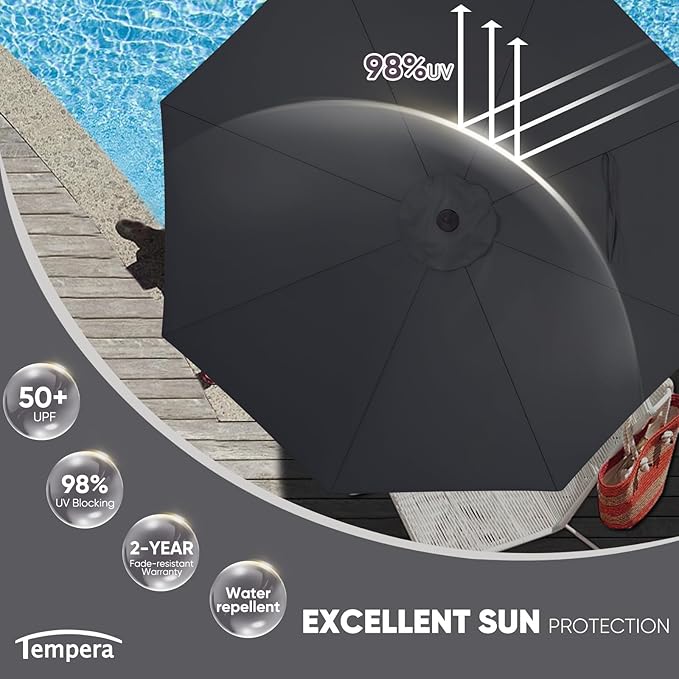 Tempera Patio Market Outdoor Table Umbrella with Push Button Tilt and Crank, Large Sun Umbrella with Sturdy Pole & Fade Resistant Canopy, Easy to Set