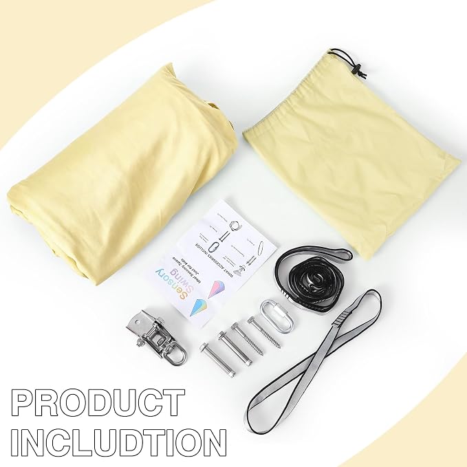PrecisionAuto Dual-Layer Cotton Sensory Hammock Swing for Kids & Adults – Calming Compression Therapy, 360° Swivel, Heavy Duty, Indoor Outdoor, Supports 300 lbs, Autism Yoga, Light Yellow