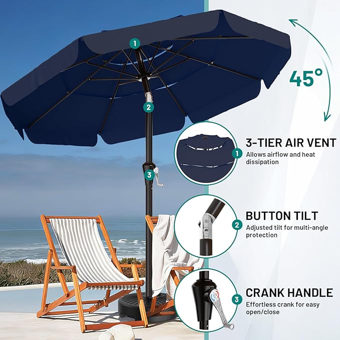 AreShark 9FT 3-Tiers Patio Umbrella with Valance, Outdoor Umbrellas with Crank/Tilt, Table Market Umbrella Vented w/ 8 Sturdy Ribs for Garden, Deck, Backyard, and Pool, Navy