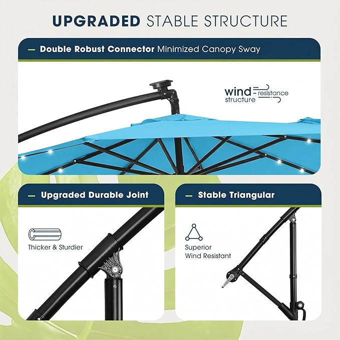 wikiwiki 10ft Solar LED Offset Patio Umbrella, Outdoor Cantilever Patio Umbrellas with Solor Lights for Backyard, Poolside and Garden, Easy Tilt Adjustment, 32 LED Lights & Polyester Shade, Sky Blue