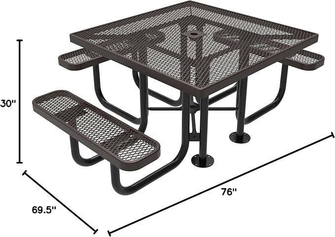 COATEDOUTDOORFURNITURE Heavy-Duty Portable ADA-Compliant Outdoor Picnic Table with Umbrella Hole, Expanded Metal Patio Dining Furniture Made in America (46" Square Top, Brown)