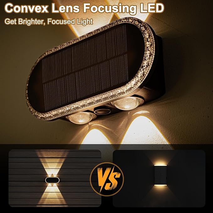 Ellasay Solar Fence Lights Outdoor: Waterproof IP65 with Dual LED Up Down Wall Lighting 3 Color Modes Diamond Crystal Cut Design Easy to Install for Garden Backyard Patio 10 Pack