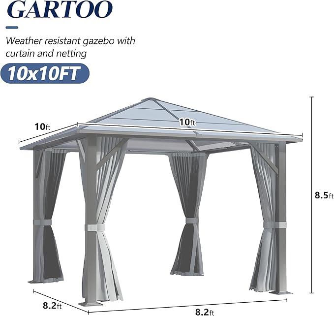 GARTOO 10’x10’ Patio Hardtop Gazebo with Polycarbonate Roof, Waterproof Outdoor Canopy Gazebo, Steel Frame Permanent Pavilion with Curtains and Netting, Perfect for Backyard, Patio, Lawn, Garden