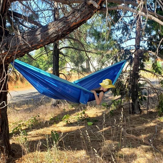 Outdoor Cotton Hammock, Camping Portable Hammock with Tree Straps, Lightweight Nylon Hammock with Carabiners, for Beach Travel Garden (Color : Blue, Size : 300x200cm)
