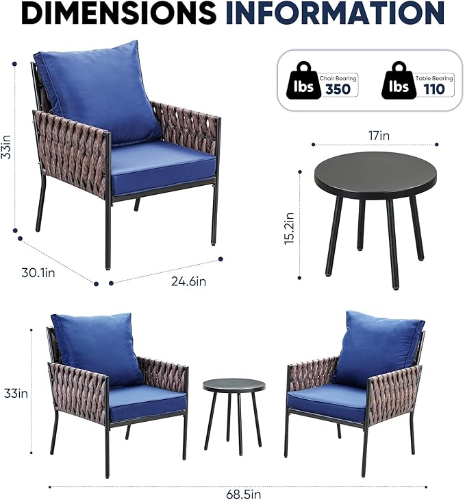 3-Piece Patio Furniture Set, Armchairs with Coffee Table,Modern Wicker Outdoor Conversation Set with Waterproof Thick Cushion for Deck,Backyard,Porch,Navy