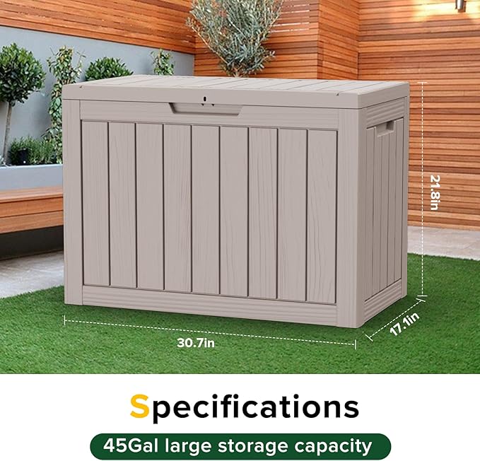 PatioZen 45 Gallon Large Deck Box,Resin Outdoor Storage Box with Lockable for Patio Furniture, Pool Accessories, Garden Tools Waterproof Outside Storage Box, Grey