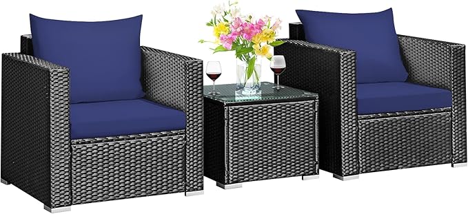 Tangkula 3 Pieces Patio Furniture Set, PE Rattan Wicker Sofa Set w/Washable Cushion and Tempered Glass Tabletop, Outdoor Conversation Furniture for Garden Poolside (Navy Blue)