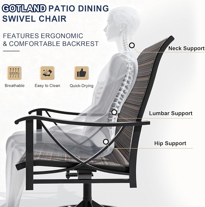 Gotland 7 Piece Outdoor Dining Set, Metal Outdoor Table and Chairs with X-Shaped Legs 1.5" Umbrella Hole, Patio Furniture Set with 6 Teslin Swivel Chairs, Patio Dining Sets for Backyard Deck Brown