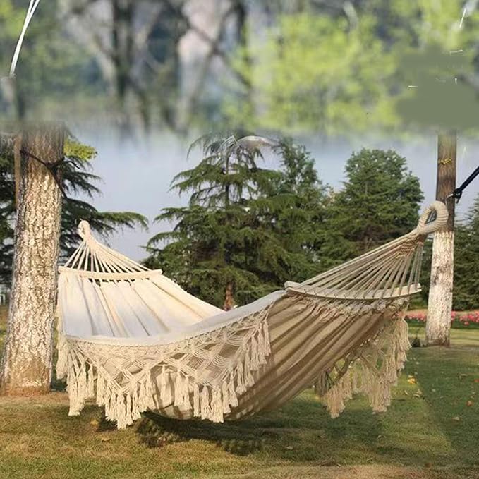 Backyard Hanging Hammock with Tassels, 500lb Load Capacity, Single Double Size 102x59in - Lightweight Foldable Outdoor Cotton - Polyester Blend for Garden, Patio, Camping Relaxat (White)