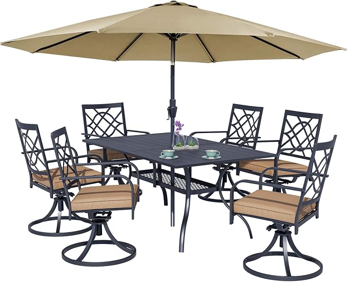 Crownland 7 PCS Furniture Patio Dining Set, 6 Swivel Metal Chairs and Rectangular Outdoor Dining Table with Khaki 9FT Round Outdoor Umbrella (Metal Tabletop)