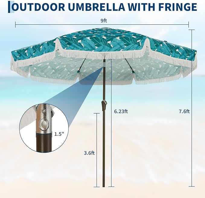 Garvee 9FT Fringe Patio Umbrella with Crank Handle, Push Button Tilt for Sun Shade, 8 Fiberglass Ribs, 1.5" D Premium Steel Pole, Outdoor Large Tassel Umbrella for Patio Beach Pool Backyard,9' Leaf