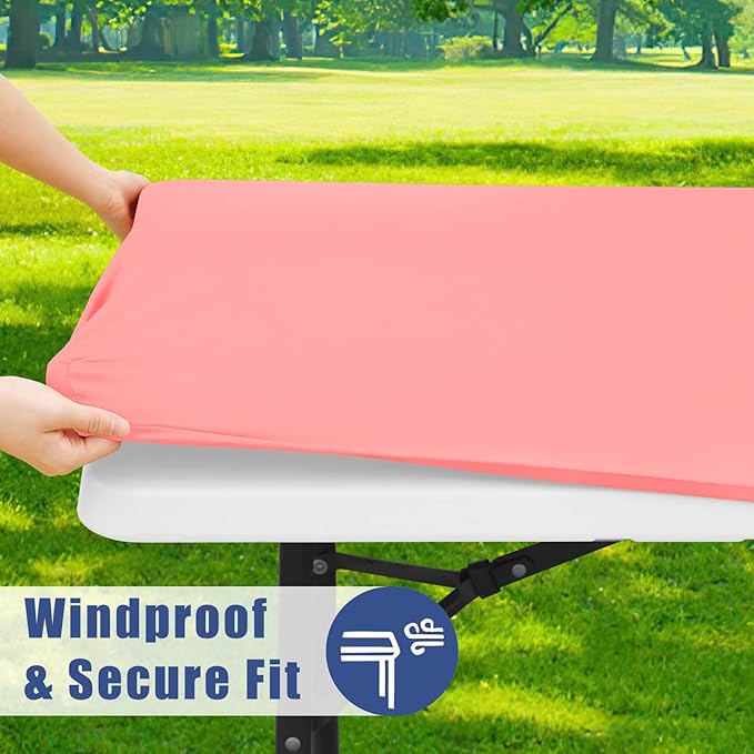 Moosfor Spandex 8 Foot Rectangle Table Cloth 2 Pack, Elastic Fitted Tablecloths for Picnic, Stretch Washable Patio Table Cover for Outdoor, Camping, Banquet and Parties(Coral Red, 30"x96")
