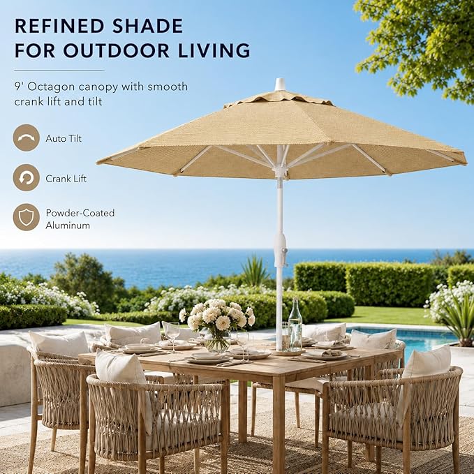 Treasure Garden 9ft Patio Umbrella - Outdoor Furniture Market Umbrella – Deluxe Auto-Tilt – White Aluminum Frame (Sunbrella, Antique Beige)